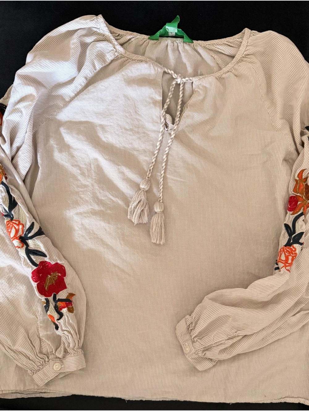 Embroidered Long-Sleeve Peasant Top - Light Beige